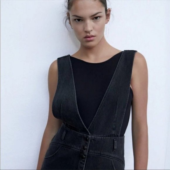 ZARA Black Denim Midi Pinafore Overall Button Down Dress Size XS NWT - Picture 3 of 14